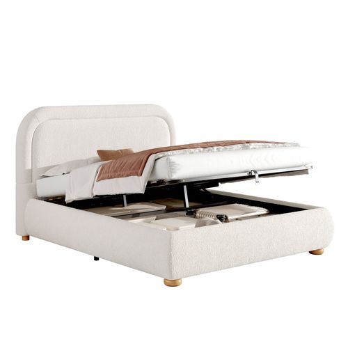 Lit Coffre 160x200 Cm Avec Sommier Relevable Bouclé Blanc