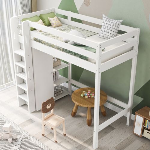 Lit Enfant Surélevé 90x200 Cm Avec Placard Et 6 Étagères En Blanc