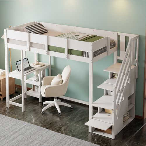 Lit Mezzanine 90x200 Cm Avec Structure En Pin Massif Et Étagère Intégrée