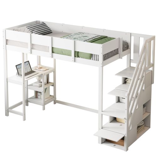 Lit Mezzanine 90x200 Cm Avec Structure En Pin Massif Et Étagère Intégrée