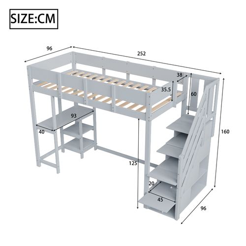 Lit Mezzanine 90x200 Cm Avec Structure En Bois De Pin Et Espace De Rangement