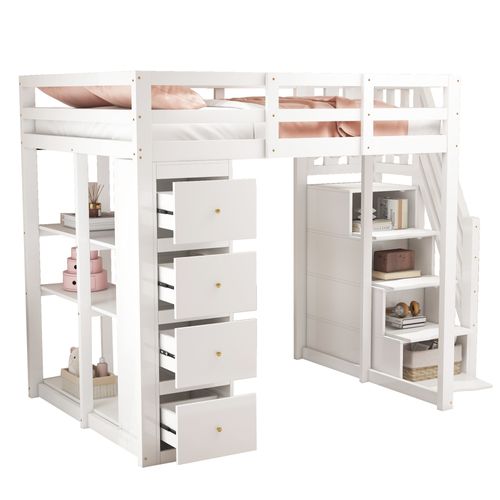 Lit Mezzanine 140x200 Cm Avec Tiroirs De Rangement Et Échelle De Sécurité