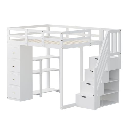 Lit Mezzanine 140x200 Cm Avec Tiroirs De Rangement Et Échelle De Sécurité