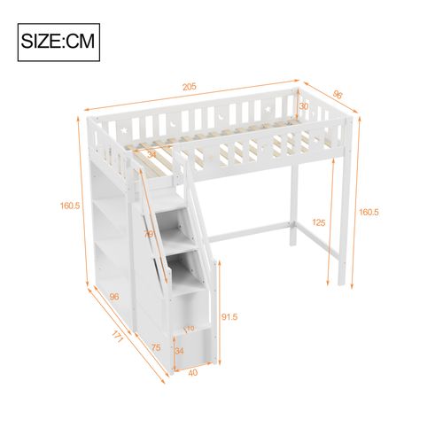Lit Mezzanine 90x200 Cm Avec Échelle De Rangement Et Étagères En Bois Massif Blanc