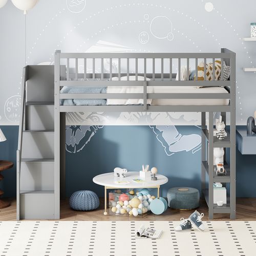 Lit Mezzanine 90x200 Cm Avec Structure En Bois Multifonctionnelle