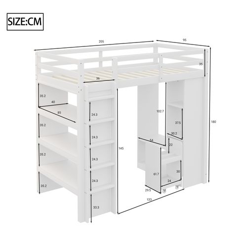 Lit Mezzanine 90x200 Cm Avec Espace De Rangement Et Étagères Intégrées