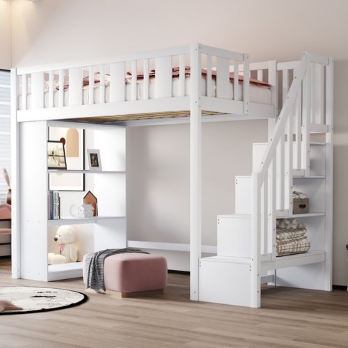 Lit Mezzanine 90x200 Cm Avec Structure En Bois Et Espace De Rangement