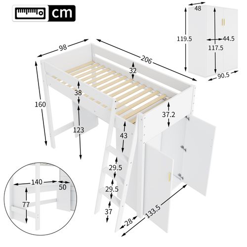 Lit Mezzanine 90x200 Cm Avec Bureau Et Armoire De Rangement