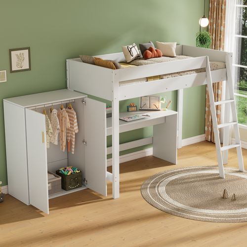 Lit Mezzanine 90x200 Cm Avec Bureau Et Armoire De Rangement