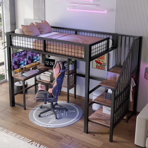 Lit Mezzanine 90x200 Cm Avec Bureau Et Rangement Intégré En Noir Et Brun