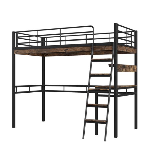 Lit Mezzanine 90x200 Cm Avec Bureau Intégré Et Étagères En Métal Noir