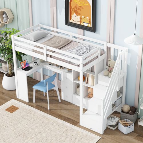 Lit Mezzanine 90x200 Cm Avec Bureau Intégré Et Espace De Rangement