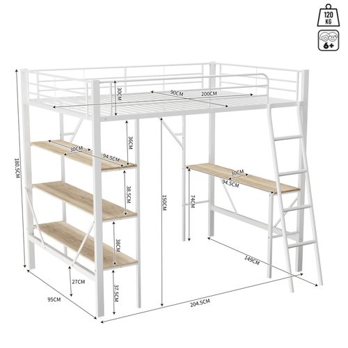 Lit Mezzanine 90x200 Cm Avec Bureau Et Étagères En Métal Blanc