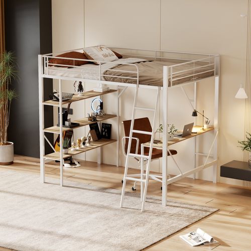 Lit Mezzanine 90x200 Cm Avec Bureau Et Étagères En Métal Blanc
