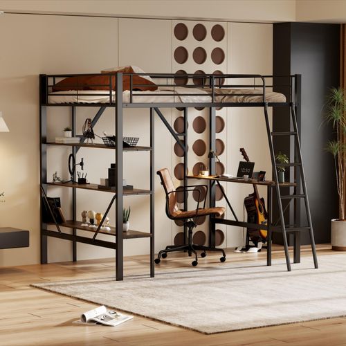 Lit Mezzanine 90x200 Cm Avec Bureau Et Rangements Intégrés Pour Enfants Et Adolescents