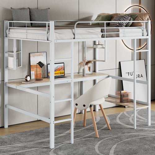 Lit Mezzanine 90x200 Cm Avec Bureau Et Étagères Pour Adolescents Et Adultes