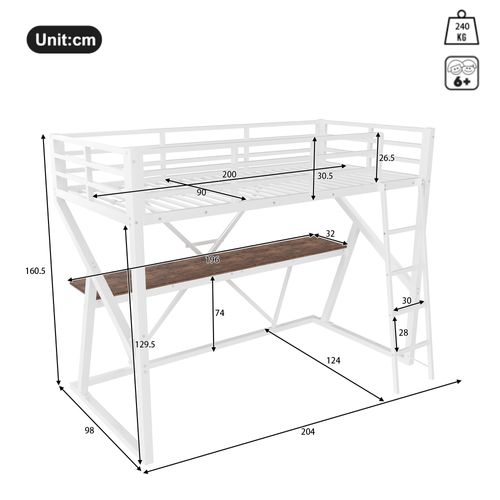 Lit Mezzanine 90x200 Cm Avec Structure En Métal Et Bureau Intégré
