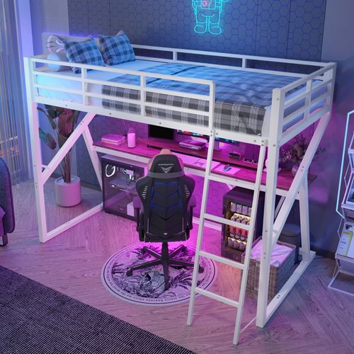 Lit Mezzanine 90x200 Cm Avec Structure En Métal Et Bureau Intégré