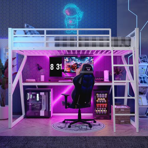 Lit Mezzanine 90x200 Cm Avec Structure En Métal Et Bureau Intégré