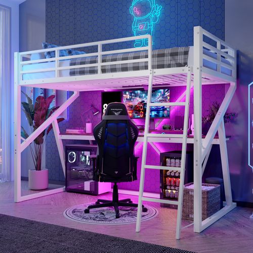 Lit Mezzanine 90x200 Cm Avec Structure En Métal Et Bureau Intégré