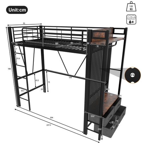 Lit Mezzanine 90x200 Cm Avec Structure En Métal Et Espace De Rangement