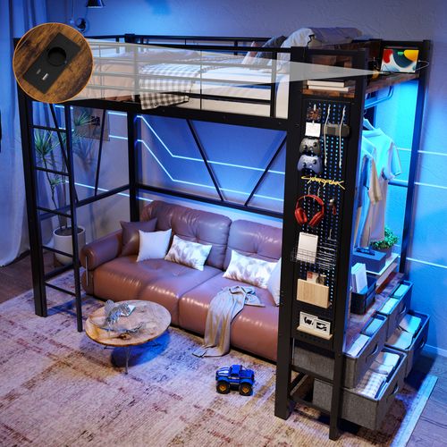 Lit Mezzanine 90x200 Cm Avec Structure En Métal Et Espace De Rangement