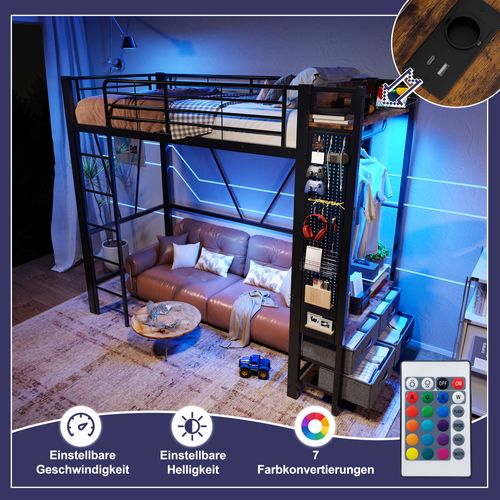 Lit Mezzanine 90x200 Cm Avec Structure En Métal Et Espace De Rangement