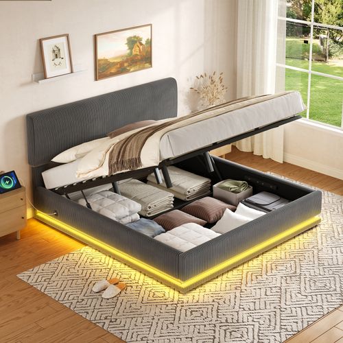 Lit Coffre 180x200 Cm Avec Sommier à Lattes Tissu En Velours Côtelé Gris Foncé