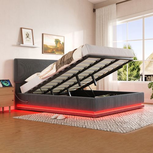 Lit Coffre 180x200 Cm Avec Sommier à Lattes Tissu En Velours Côtelé Gris Foncé