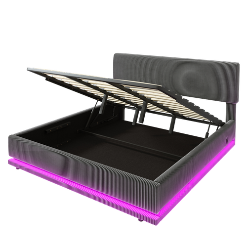 Lit Coffre 180x200 Cm Avec Sommier à Lattes Tissu En Velours Côtelé Gris Foncé