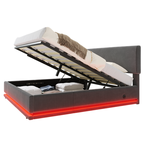 Lit Coffre 140x200 Cm Avec Rangement Sous Lit Tissu Côtelé Gris Foncé