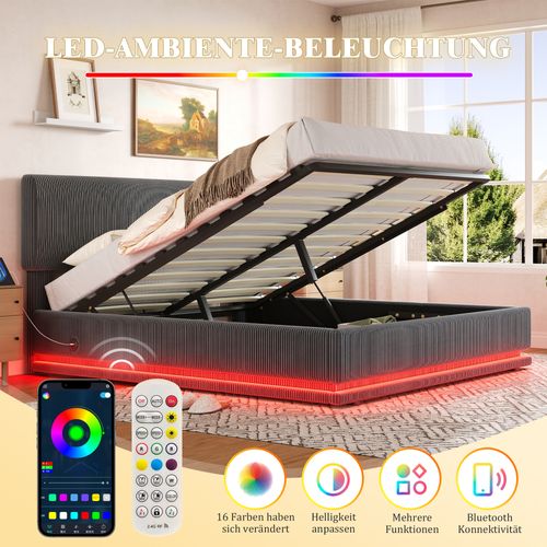 Lit Coffre 140x200 Cm Avec Rangement Sous Lit Tissu Côtelé Gris Foncé