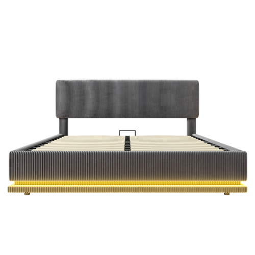 Lit Coffre 140x200 Cm Avec Rangement Sous Lit Tissu Côtelé Gris Foncé