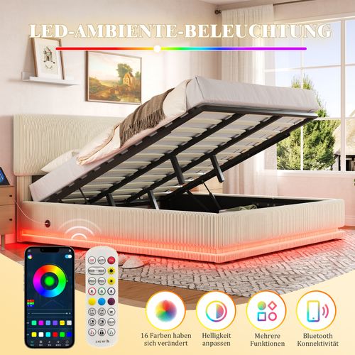 Lit Coffre 180x200 Cm Avec Rangement Intégré En Velours Côtelé Beige