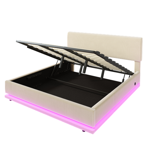 Lit Coffre 180x200 Cm Avec Rangement Intégré En Velours Côtelé Beige