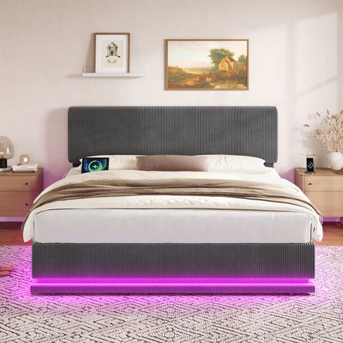 Lit Coffre 160x200 Cm Avec Rangement Sous Lit Tissu Côtelé Gris Foncé