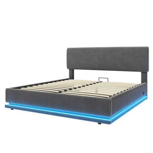 Lit Coffre 160x200 Cm Avec Rangement Sous Lit Tissu Côtelé Gris Foncé