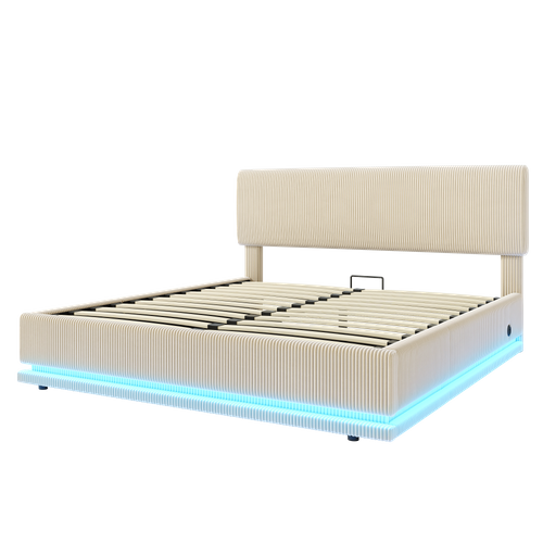 Lit Coffre 140x200 Cm Avec Sommier à Lattes Tissu Beige