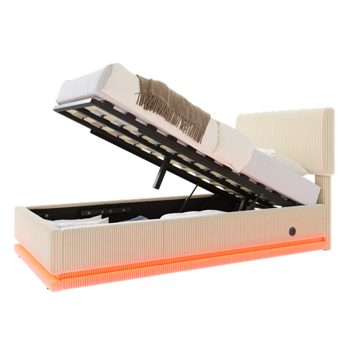 Lit Coffre 90x200 Cm Avec Sommier à Lattes Tissu Beige