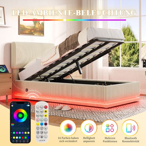 Lit Coffre 90x200 Cm Avec Sommier à Lattes Tissu Beige