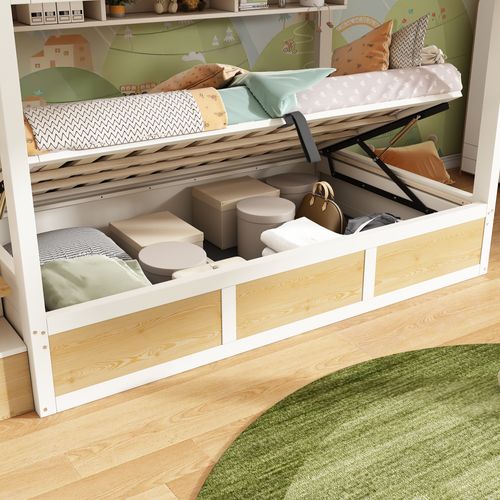 Lit Superposé 90x200 Cm Avec Escalier De Rangement Blanc Et Naturel