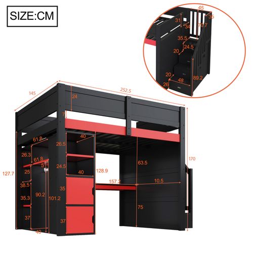 Lit Mezzanine 140x200 Cm Avec Structure En Bois Noir Et Rouge