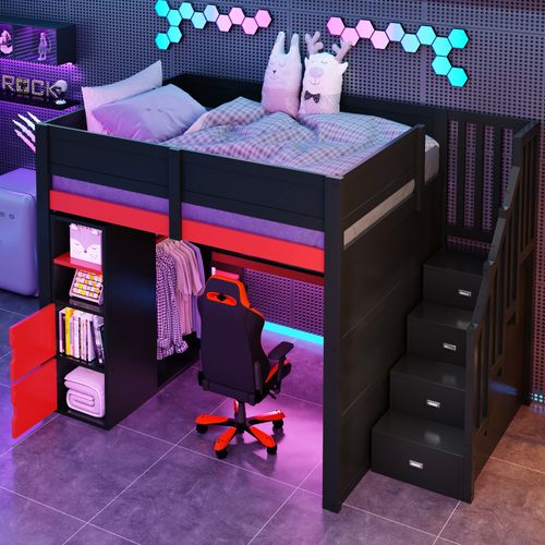 Lit Mezzanine 140x200 Cm Avec Structure En Bois Noir Et Rouge