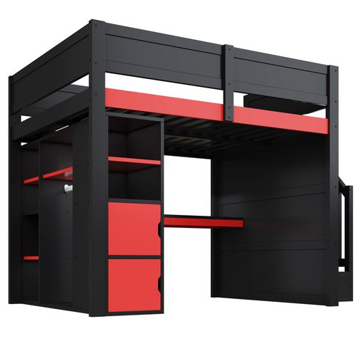 Lit Mezzanine 140x200 Cm Avec Structure En Bois Noir Et Rouge