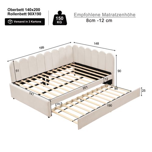 Canapé-lit 140x200 Cm Avec Structure En L Et Lit Gigogne Tissu Velours Beige
