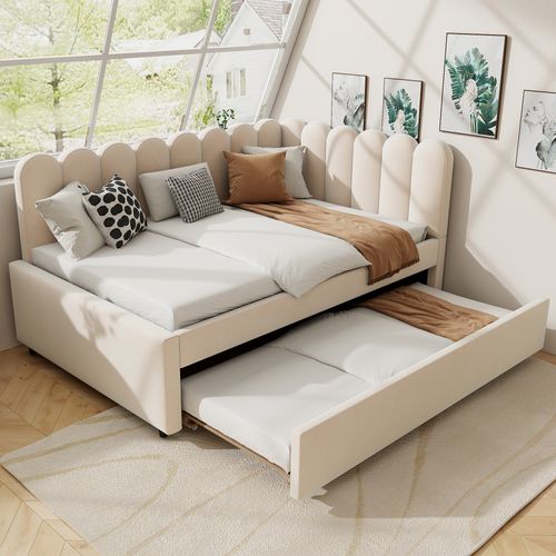 Canapé-lit 140x200 Cm Avec Structure En L Et Lit Gigogne Tissu Velours Beige