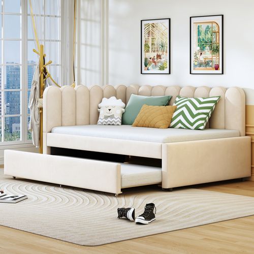 Canapé-lit 140x200 Cm Avec Structure En L Et Lit Gigogne Tissu Velours Beige