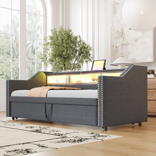 Canapé-lit 90/180x190 Cm Avec Structure Gigogne Tissu Gris Foncé