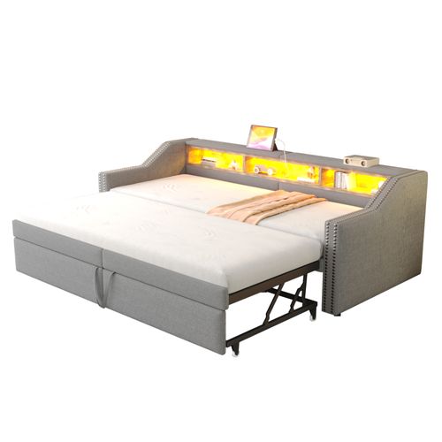 Canapé-lit 90/180x200 Cm Avec Structure Gigogne Tissu Gris Clair