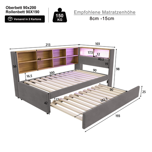 Canapé-lit 90x200 Cm Avec Lit Gigogne 90x190 Cm Tissu Gris Foncé